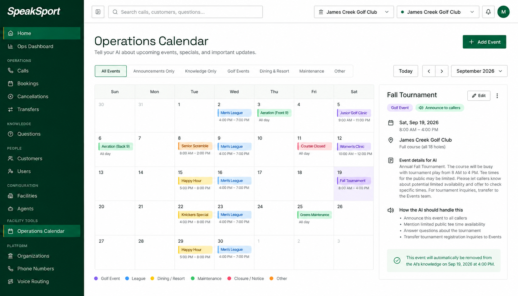 SpeakSport Operations Calendar showing golf events, maintenance, dining promotions, leagues, and closures